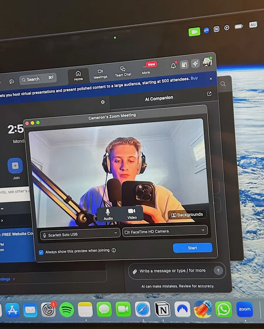 Cameron about to start a client call on Zoom