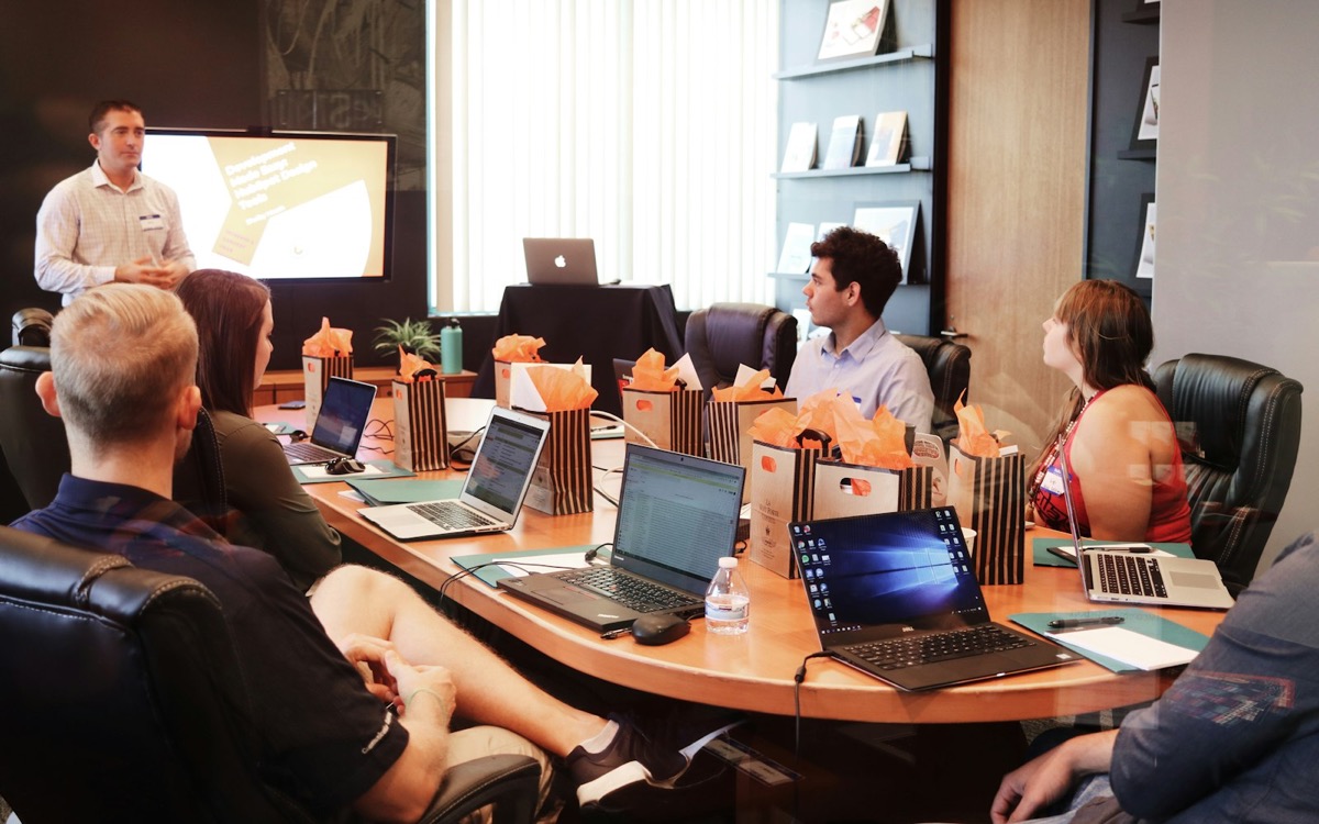 A marketing agency team working together in a meeting