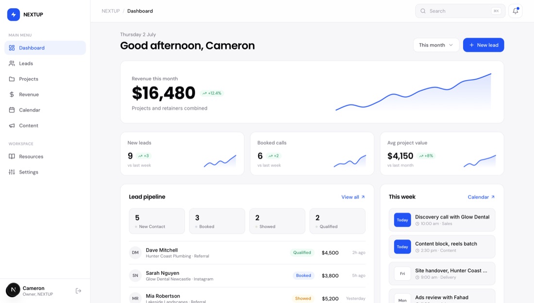 Custom Dashboard website built by NEXTUP